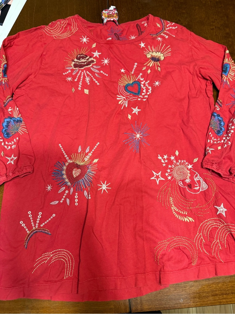 Johnny Was Maris Red Celestial Sacred Heart Embroidered Long Sleeve Top Size L